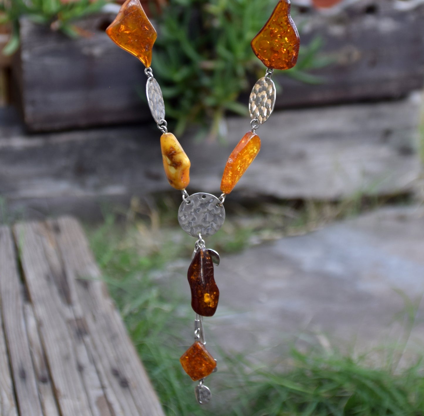Long Art Nouveau style necklace created with natural Amber of various shades and 925 Silver, MJ Baltica, BKo064