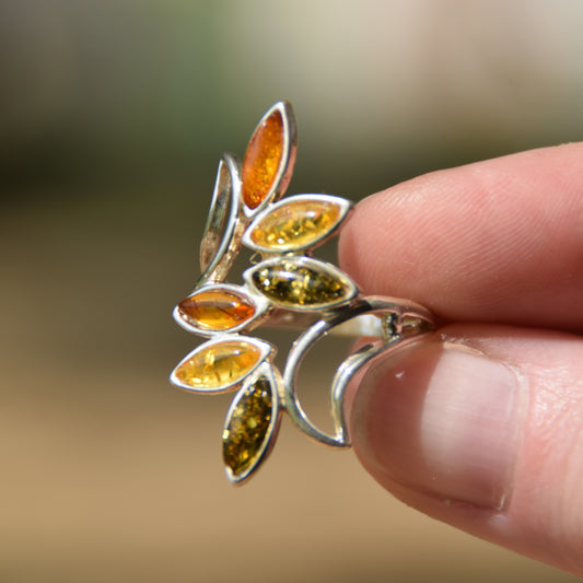 Tall band ring with natural amber of various shades and 925 silver, MJ Baltica, BP003