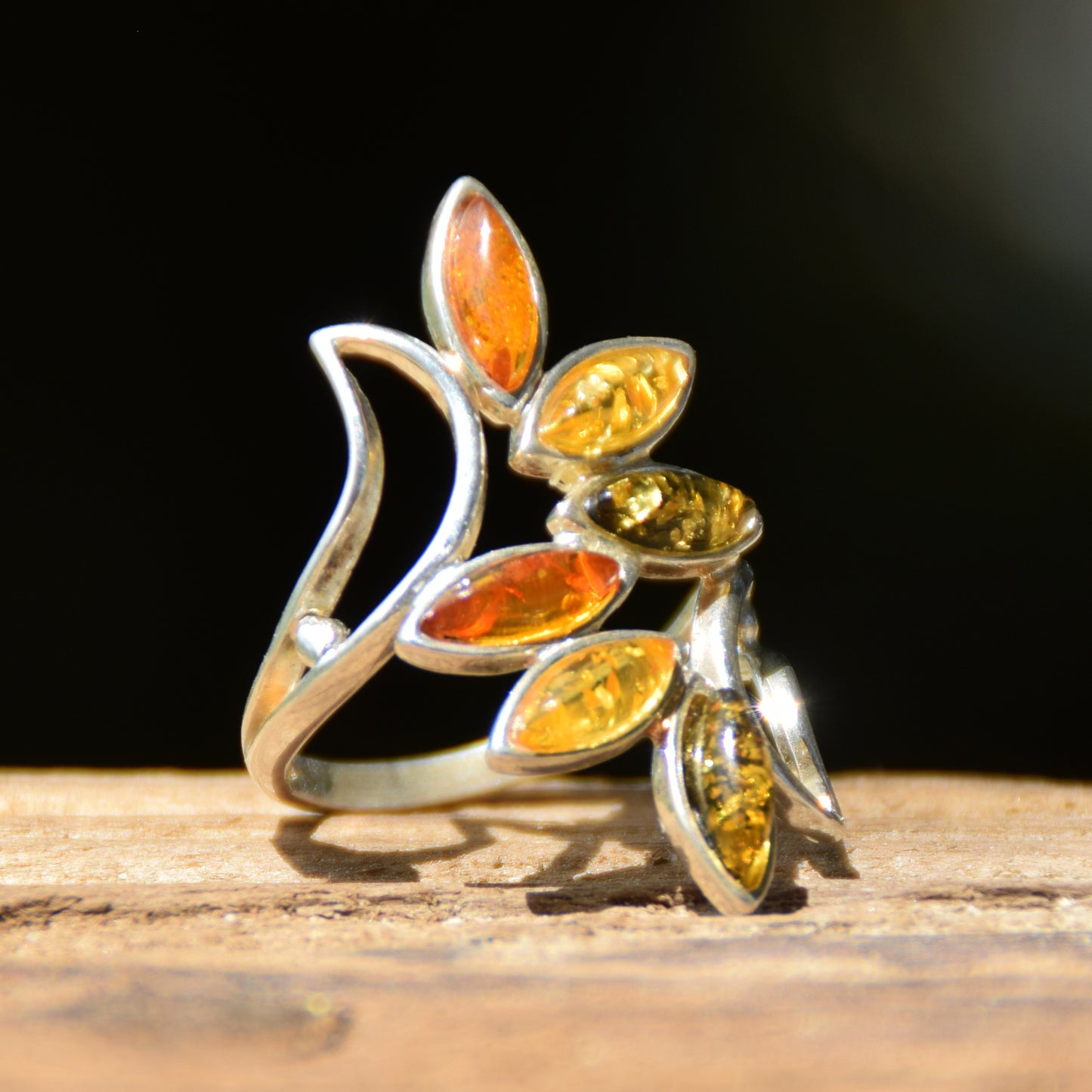 Tall band ring with natural amber of various shades and 925 silver, MJ Baltica, BP003