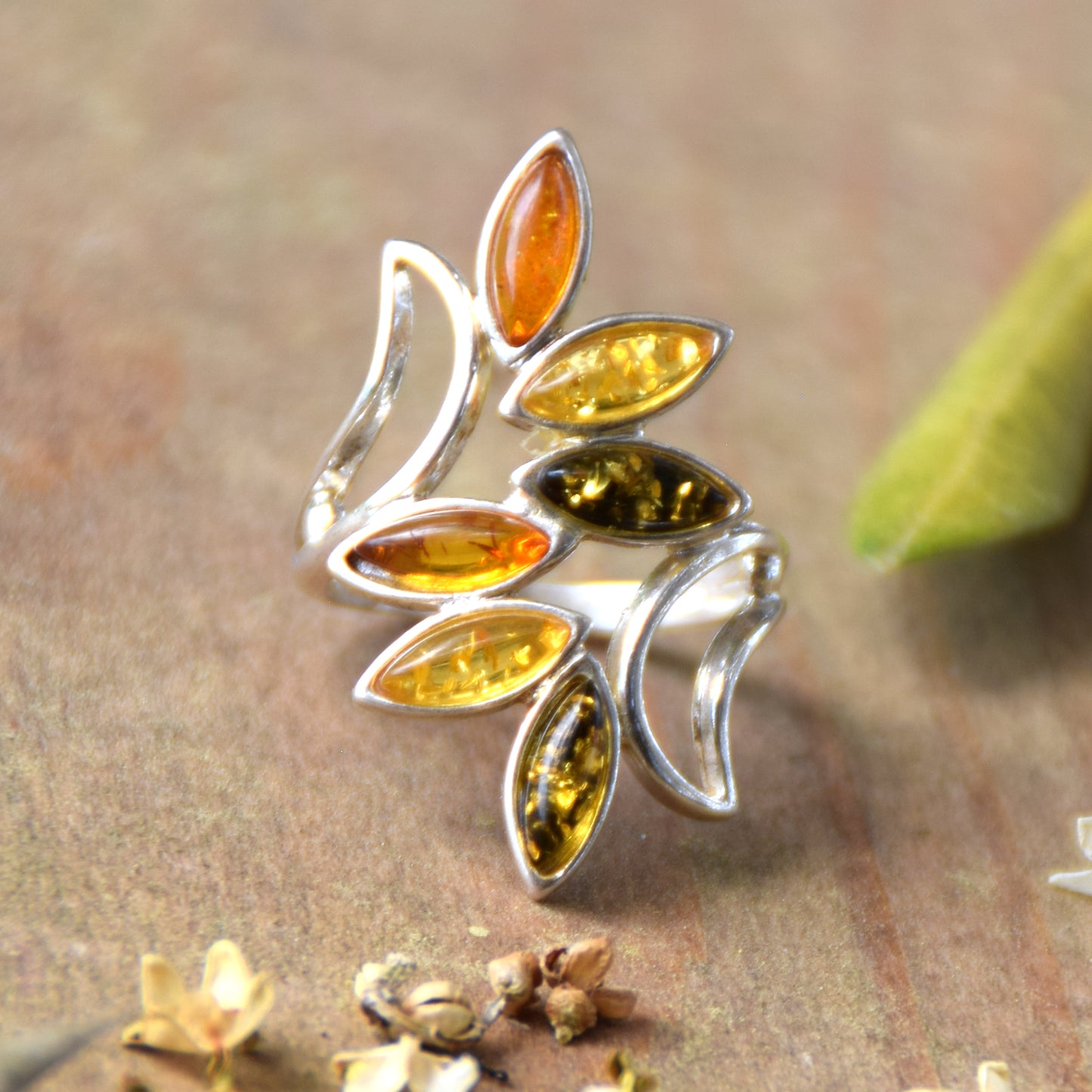 Tall band ring with natural amber of various shades and 925 silver, MJ Baltica, BP003