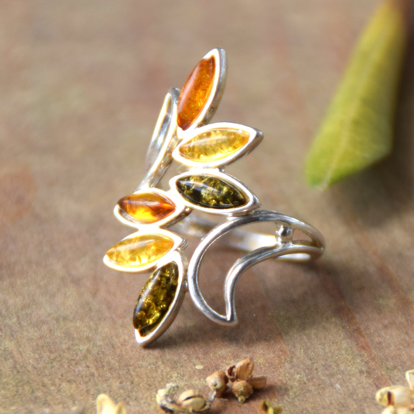 Tall band ring with natural amber of various shades and 925 silver, MJ Baltica, BP003