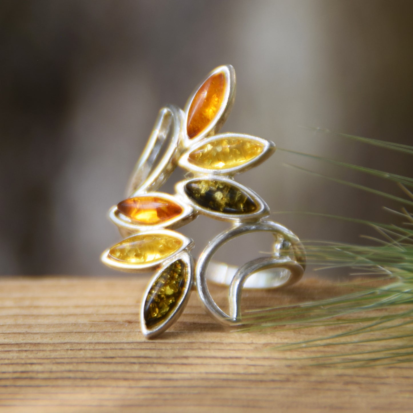 Tall band ring with natural amber of various shades and 925 silver, MJ Baltica, BP003