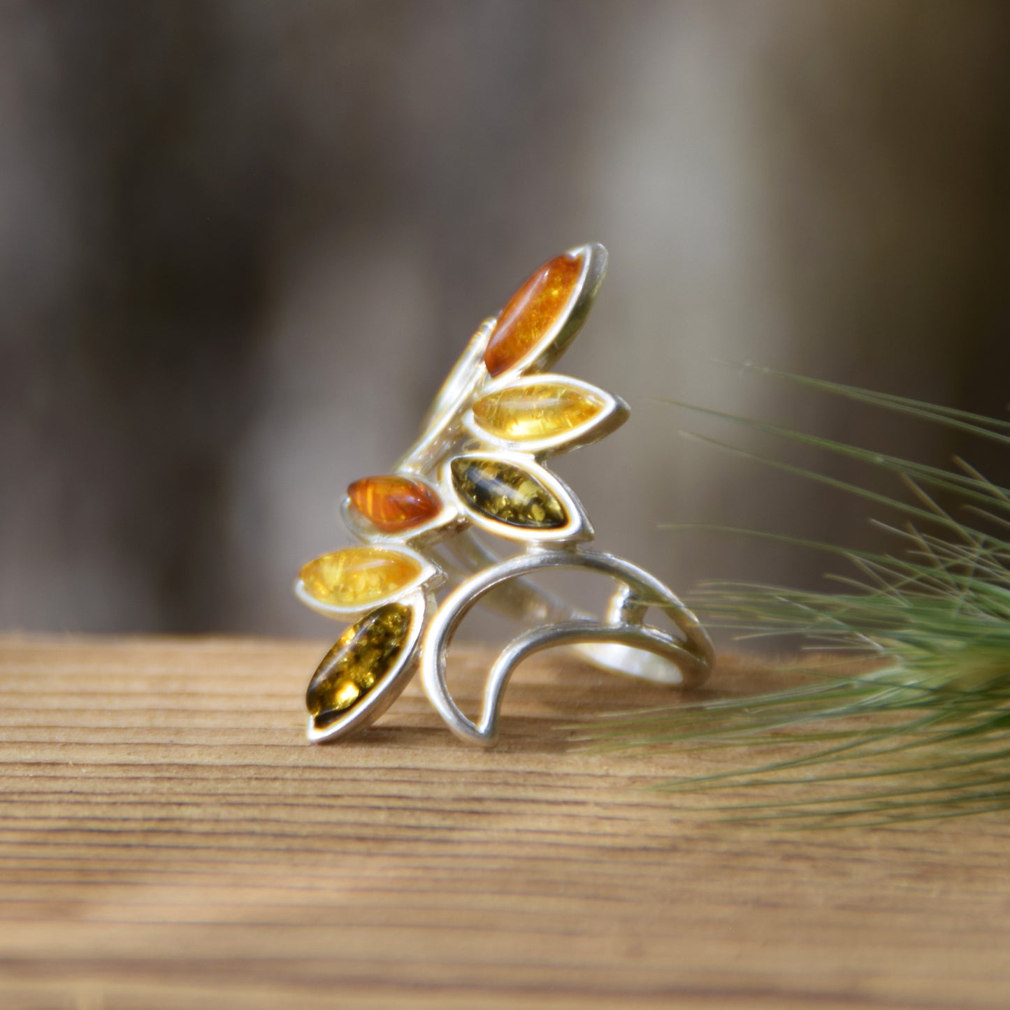 Tall band ring with natural amber of various shades and 925 silver, MJ Baltica, BP003