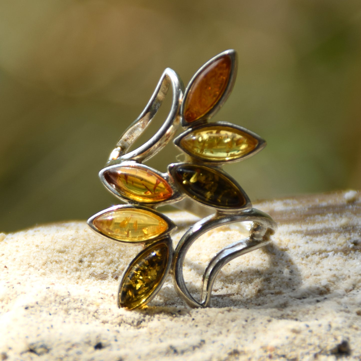 Tall band ring with natural amber of various shades and 925 silver, MJ Baltica, BP003