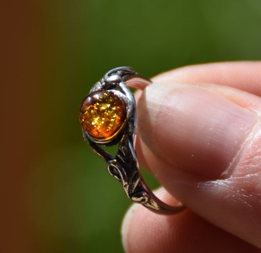MJ Baltica, anello, Argento 925, Ambra naturale Baltica, classico, vintage, foglie, BP005