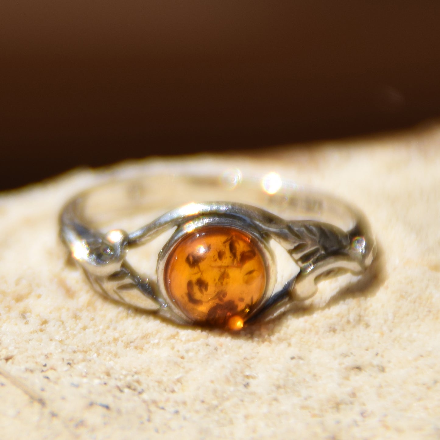 Delicate vintage-style ring with 925 Silver and natural cognac Amber, MJ Baltica, BP005