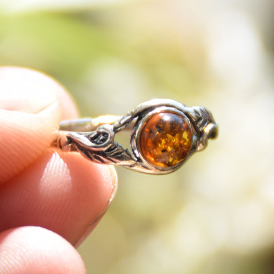 Delicate vintage-style ring with 925 Silver and natural cognac Amber, MJ Baltica, BP005