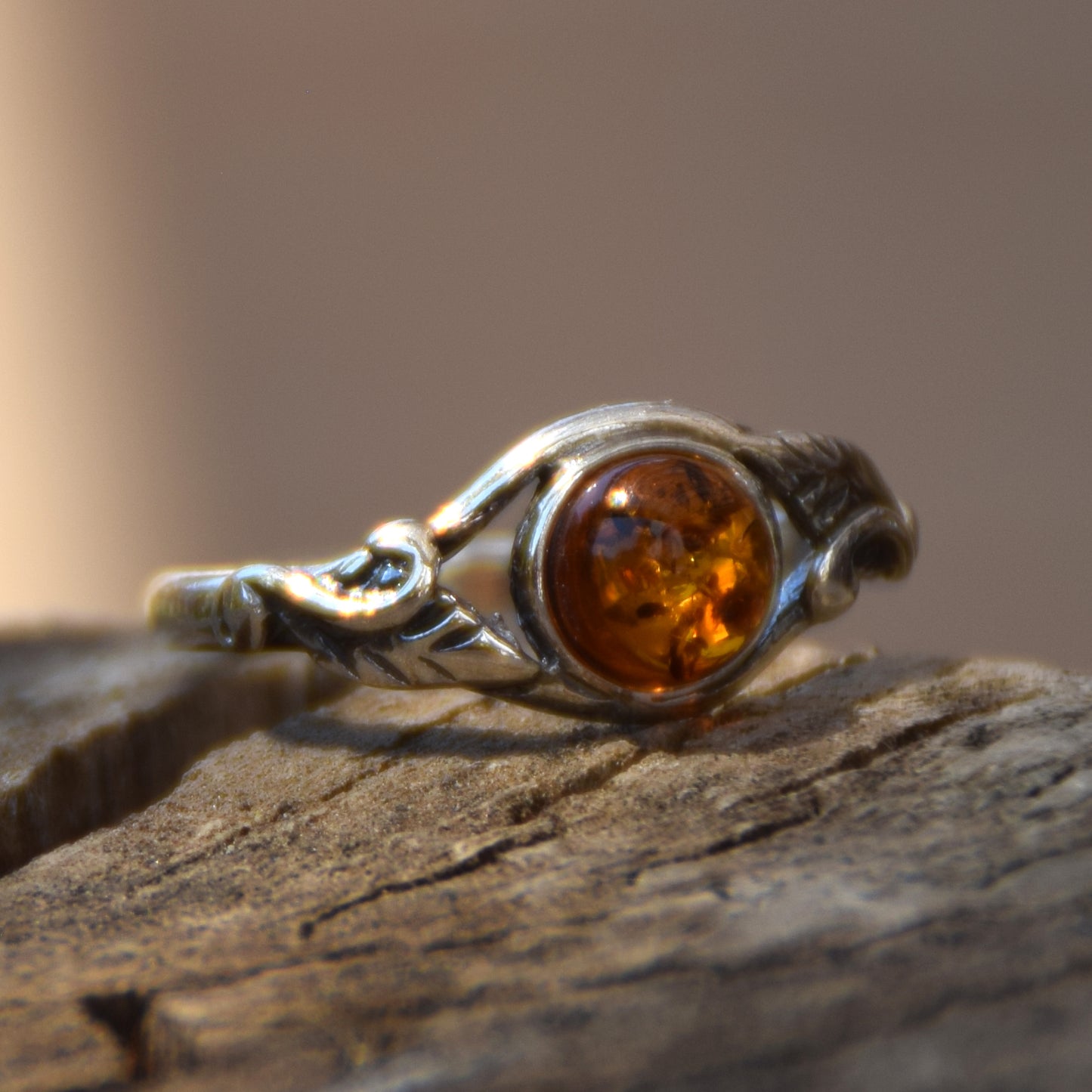 Delicate vintage-style ring with 925 Silver and natural cognac Amber, MJ Baltica, BP005