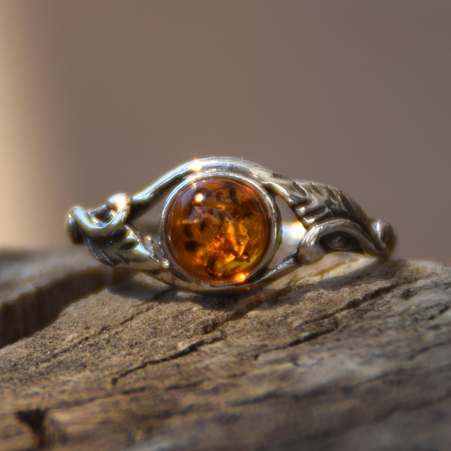 Delicate vintage-style ring with 925 Silver and natural cognac Amber, MJ Baltica, BP005