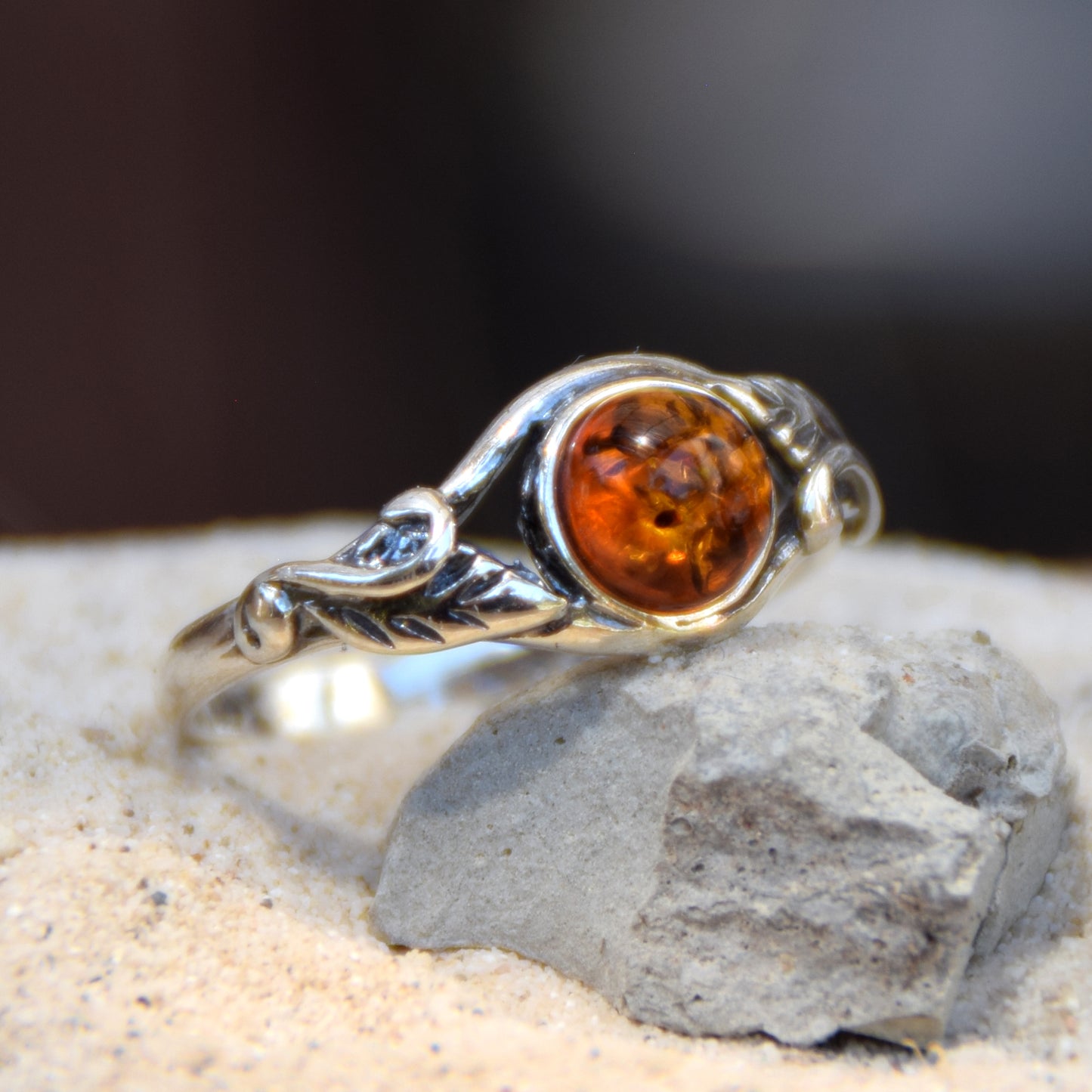 Delicate vintage-style ring with 925 Silver and natural cognac Amber, MJ Baltica, BP005
