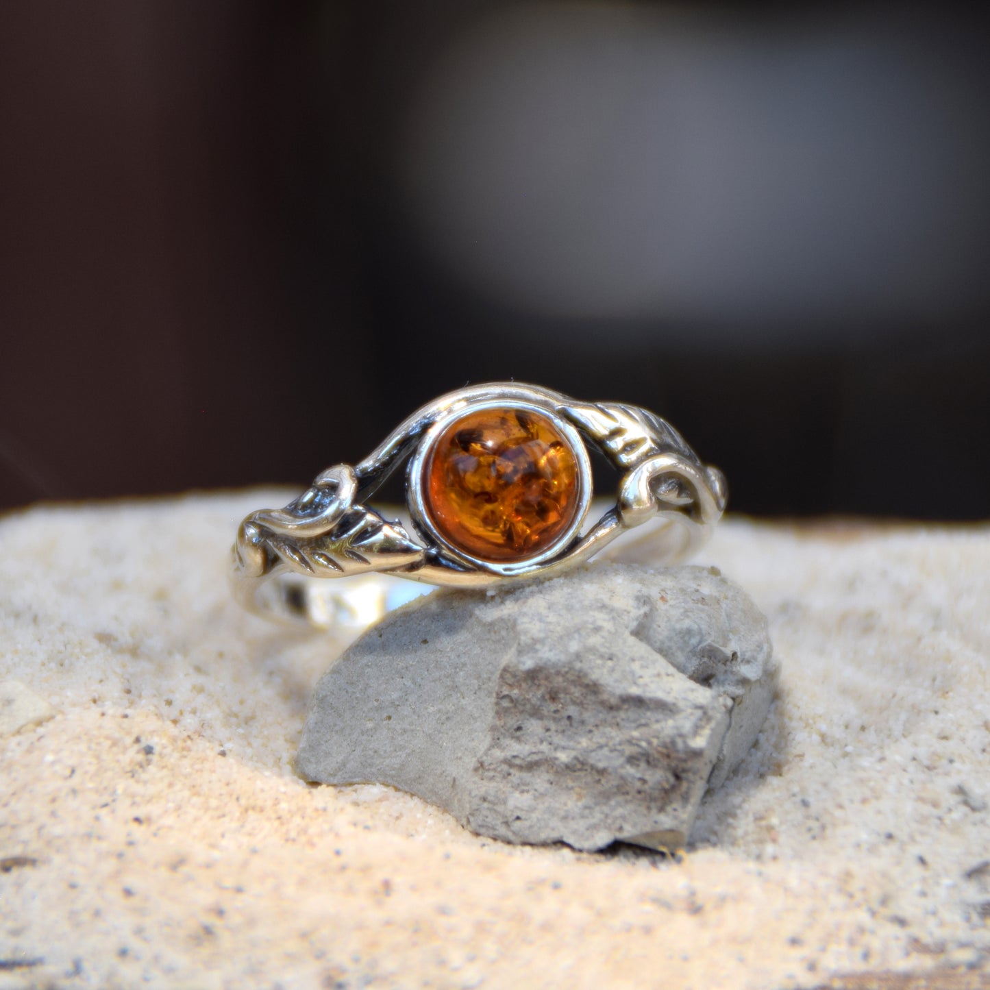 Delicate vintage-style ring with 925 Silver and natural cognac Amber, MJ Baltica, BP005