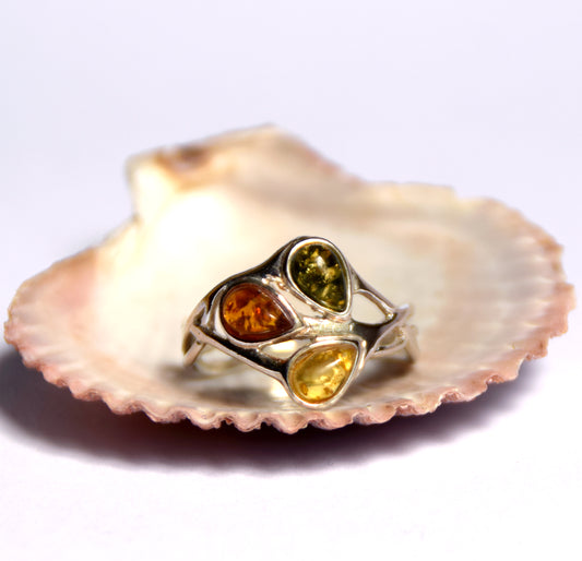 MJ Baltica, ring, natural Baltic amber, 925 silver, leaves, modern, BP012