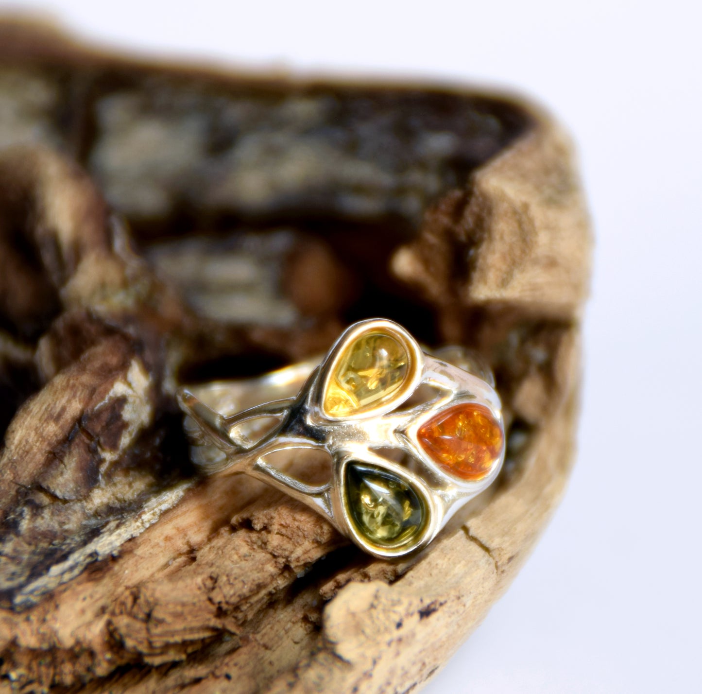 MJ Baltica, ring, natural Baltic amber, 925 silver, leaves, modern, BP012