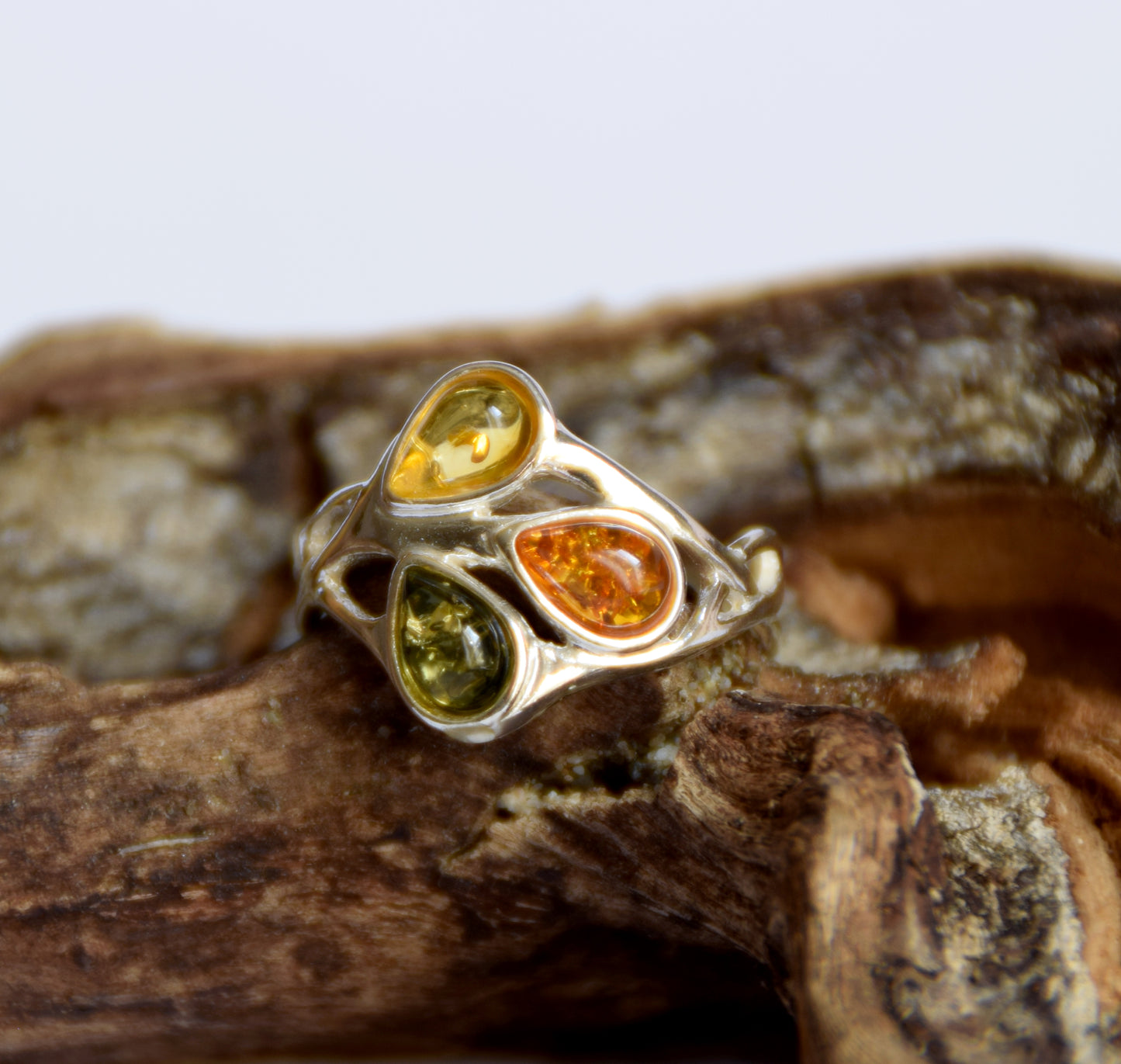 MJ Baltica, ring, natural Baltic amber, 925 silver, leaves, modern, BP012