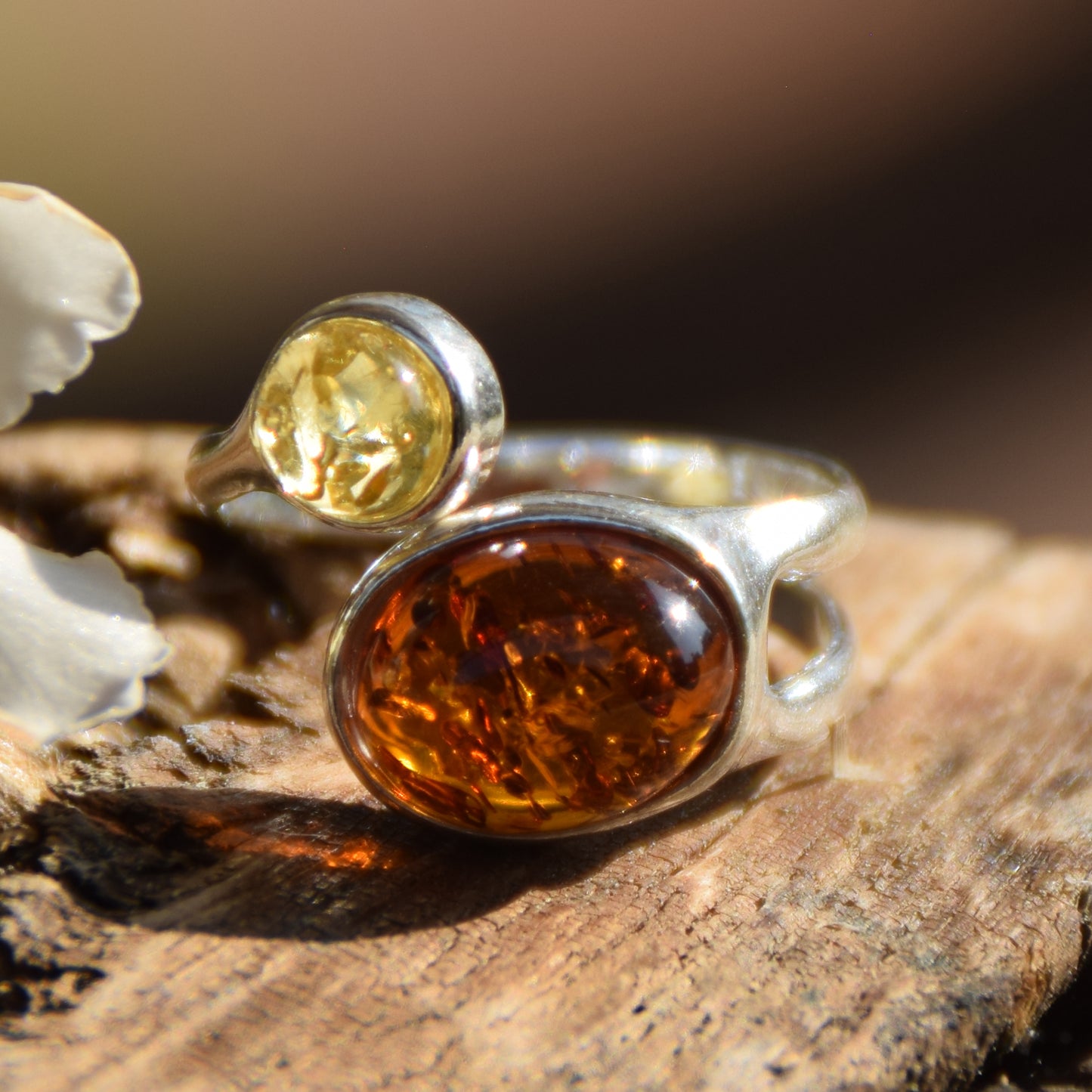 Elegant adjustable ring made of natural Amber in various shades and 925 Silver, MJ Baltica, BP015