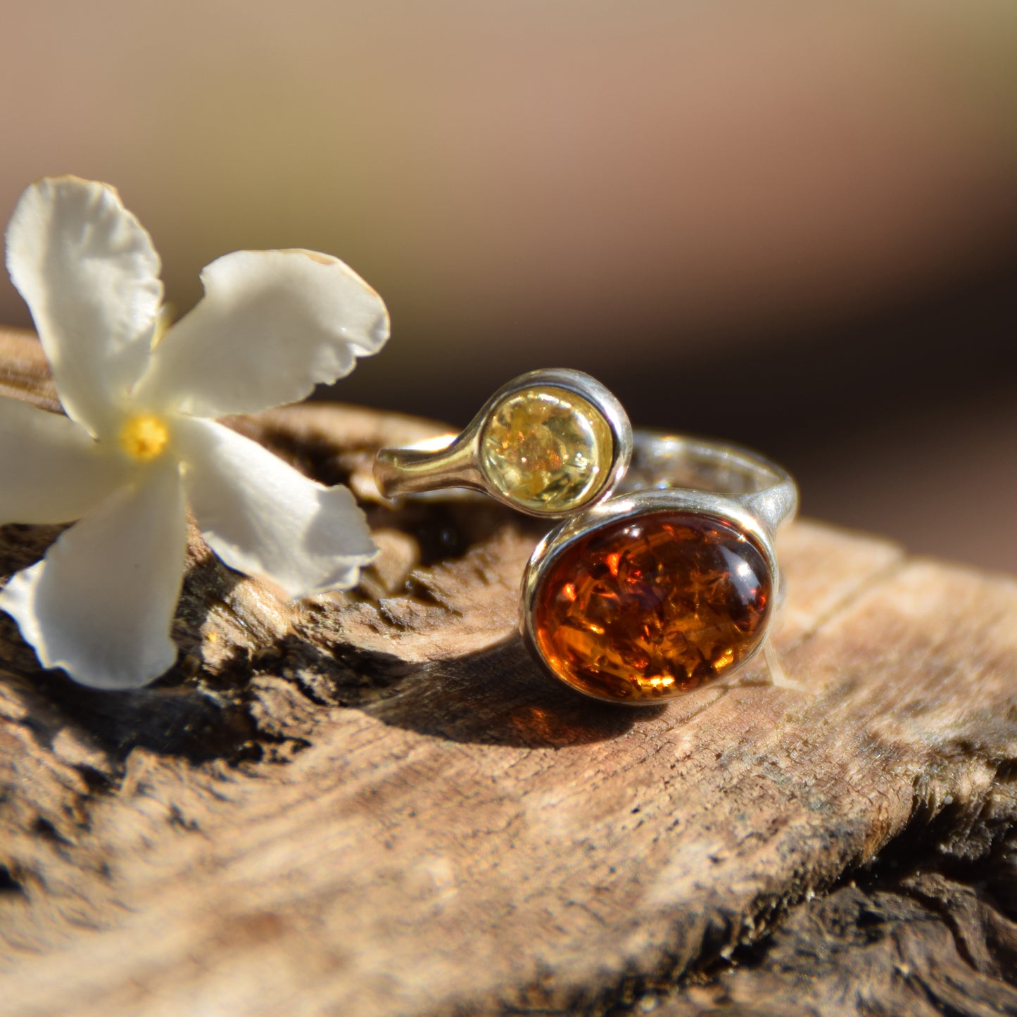 Elegant adjustable ring made of natural Amber in various shades and 925 Silver, MJ Baltica, BP015