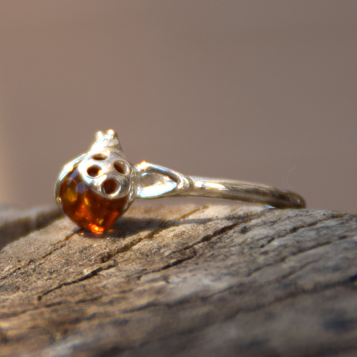 Delicate ring with a lucky ladybug in cognac-colored natural Amber and 925 Silver, MJ Baltica, BP016
