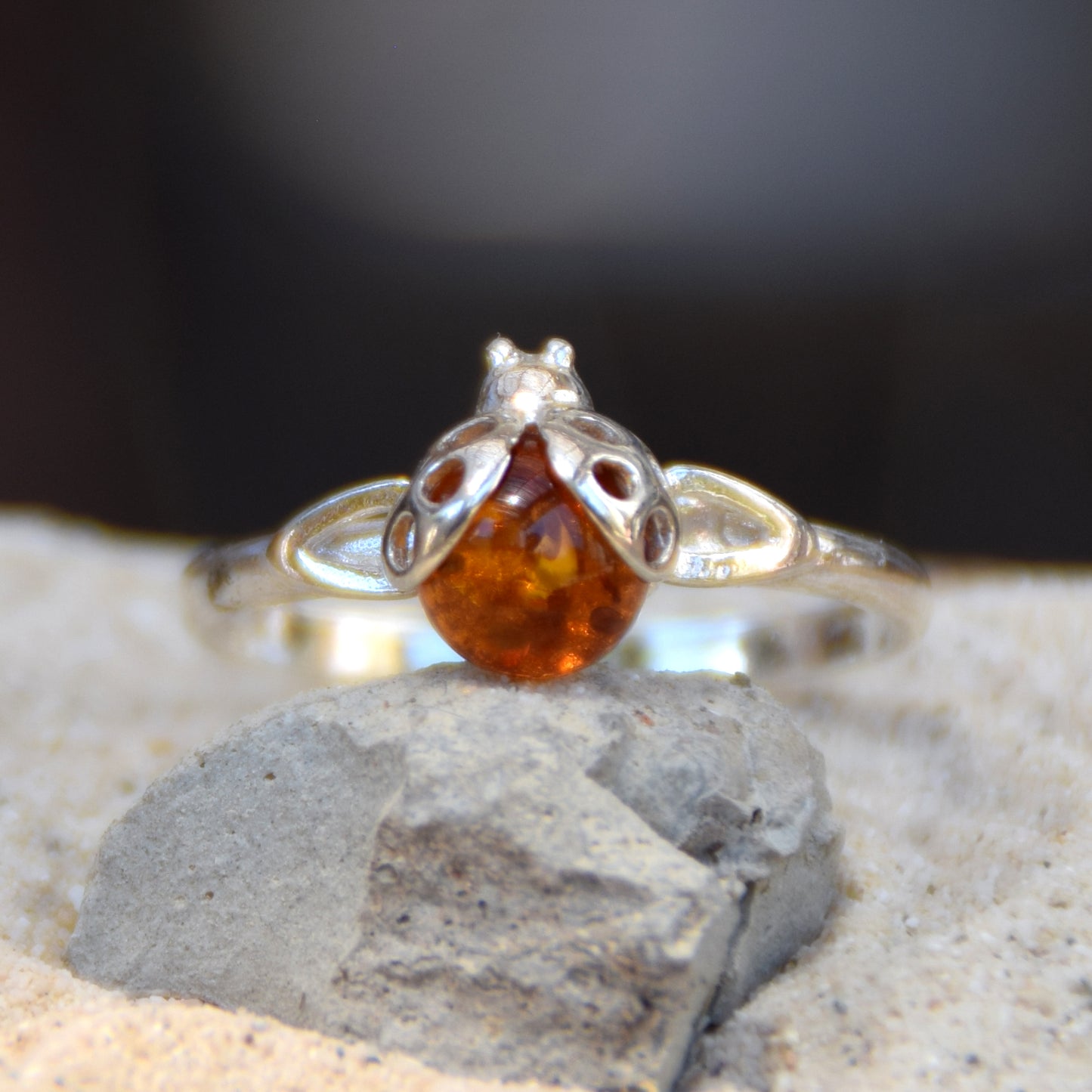 Delicate ring with a lucky ladybug in cognac-colored natural Amber and 925 Silver, MJ Baltica, BP016