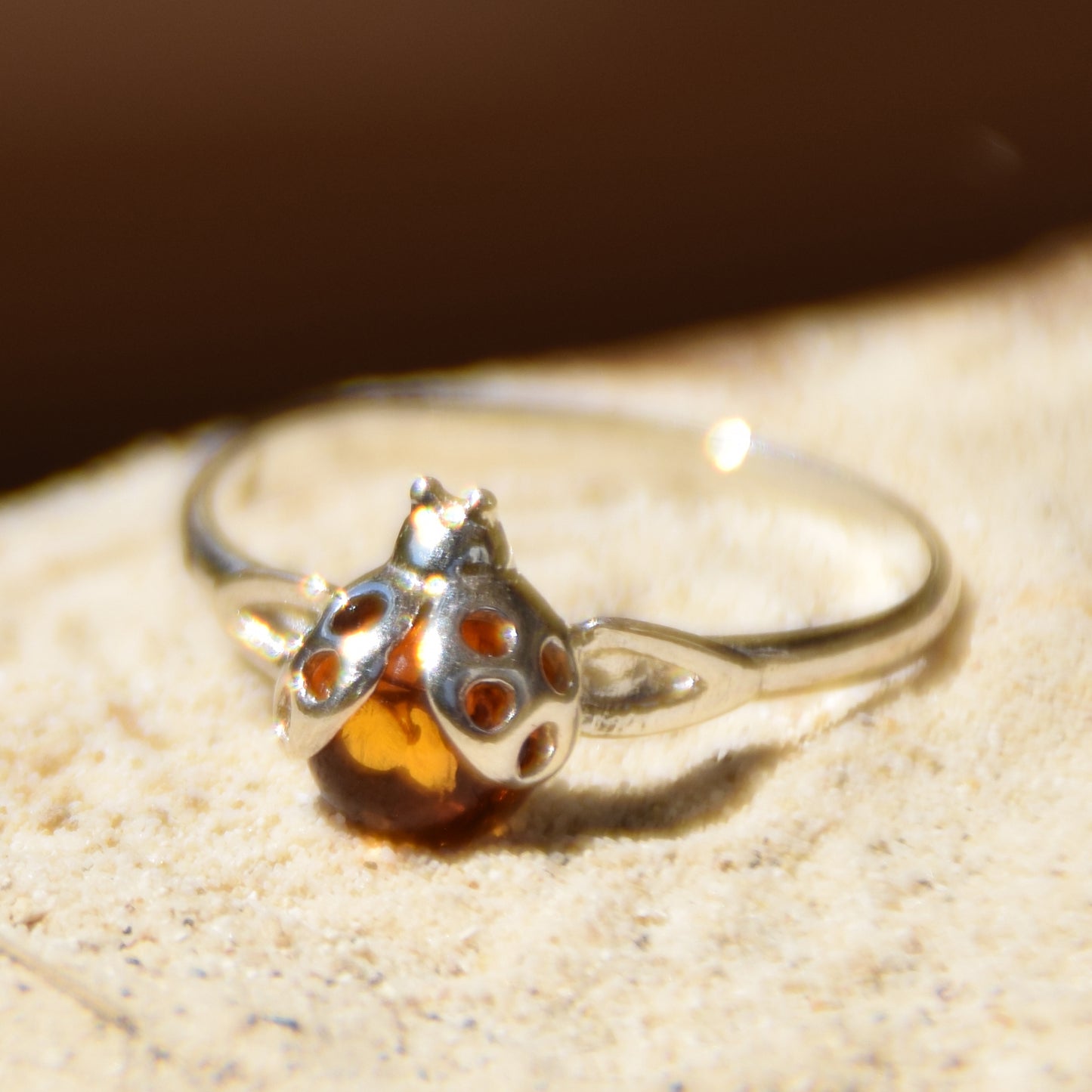 Delicate ring with a lucky ladybug in cognac-colored natural Amber and 925 Silver, MJ Baltica, BP016