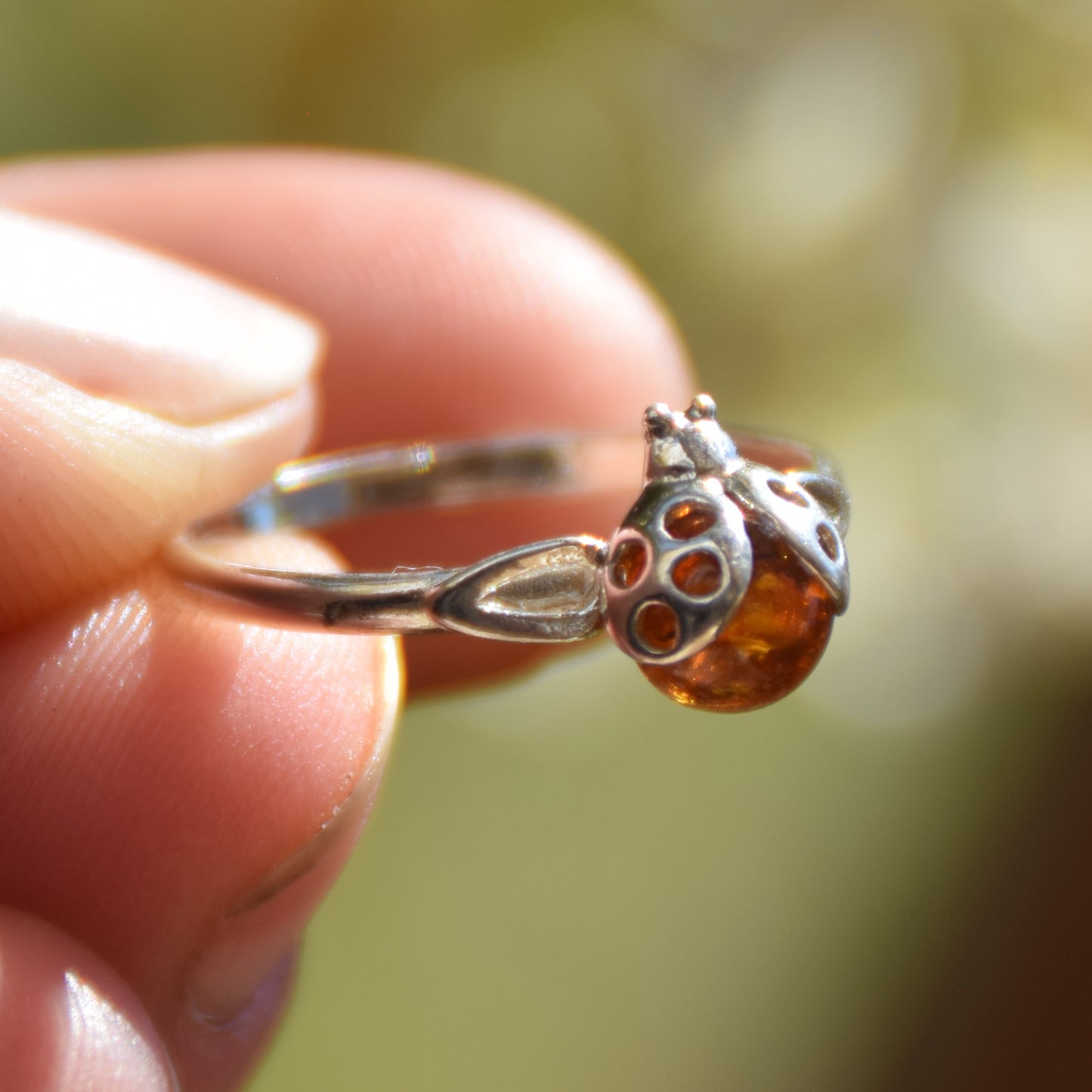 Delicate ring with a lucky ladybug in cognac-colored natural Amber and 925 Silver, MJ Baltica, BP016