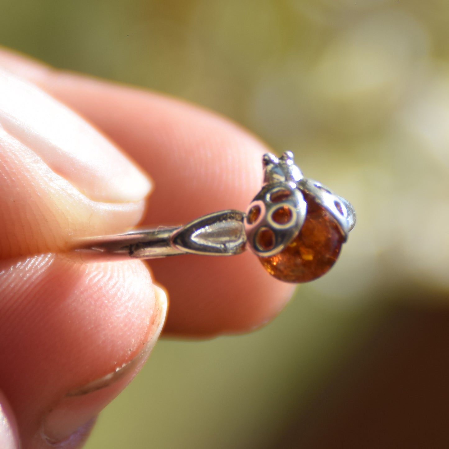 Delicate ring with a lucky ladybug in cognac-colored natural Amber and 925 Silver, MJ Baltica, BP016