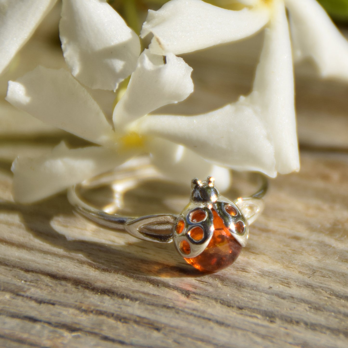 Delicate ring with a lucky ladybug in cognac-colored natural Amber and 925 Silver, MJ Baltica, BP016