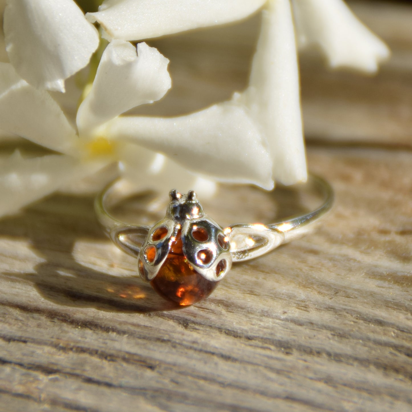 Delicate ring with a lucky ladybug in cognac-colored natural Amber and 925 Silver, MJ Baltica, BP016