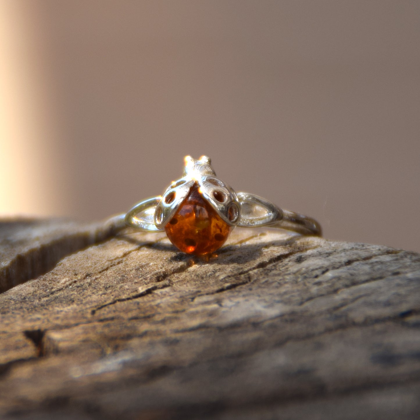 Delicate ring with a lucky ladybug in cognac-colored natural Amber and 925 Silver, MJ Baltica, BP016