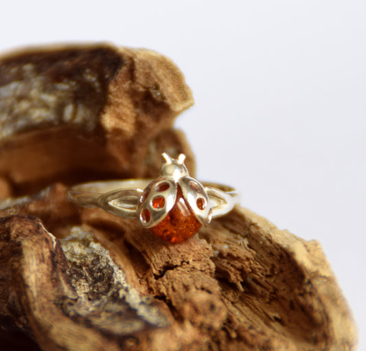 MJ Baltica, ring, natural Baltic amber, 925 silver, ladybug, BP016