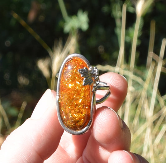 MJ Baltica, ring, natural Baltic amber, 925 silver, adjustable, large, decoration, leaves, BP020