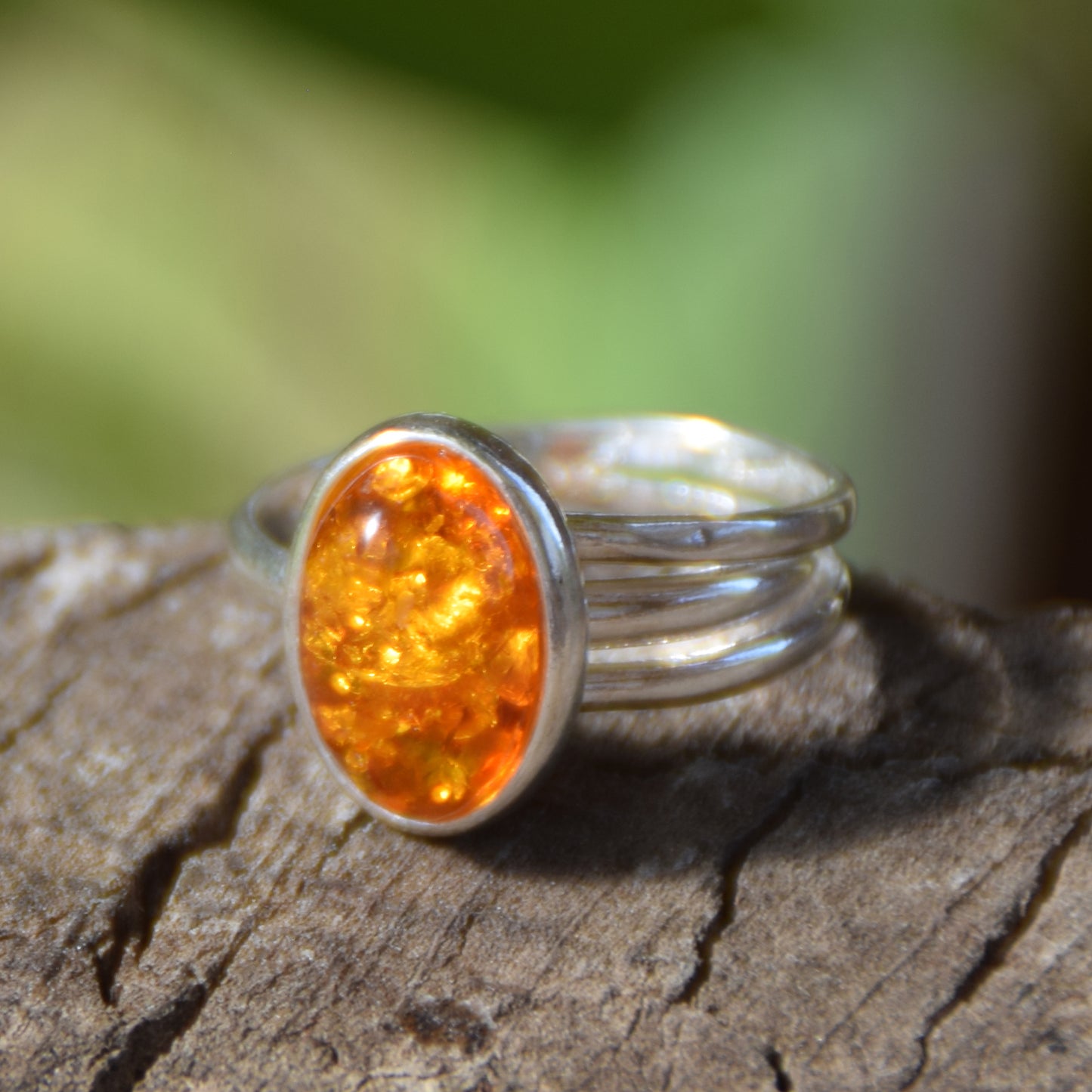 Adjustable minimalist ring with natural cognac amber and 925 Silver, MJ Baltica, BP026