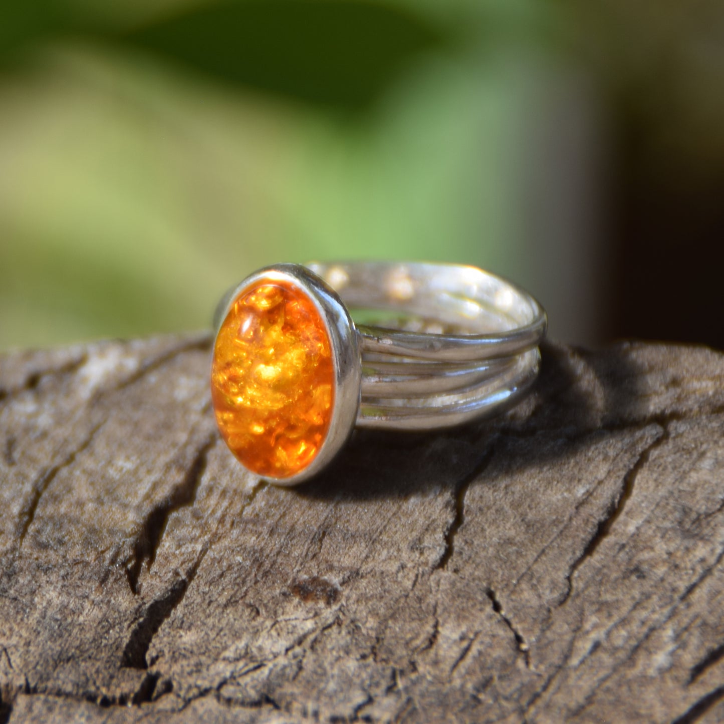 Adjustable minimalist ring with natural cognac amber and 925 Silver, MJ Baltica, BP026