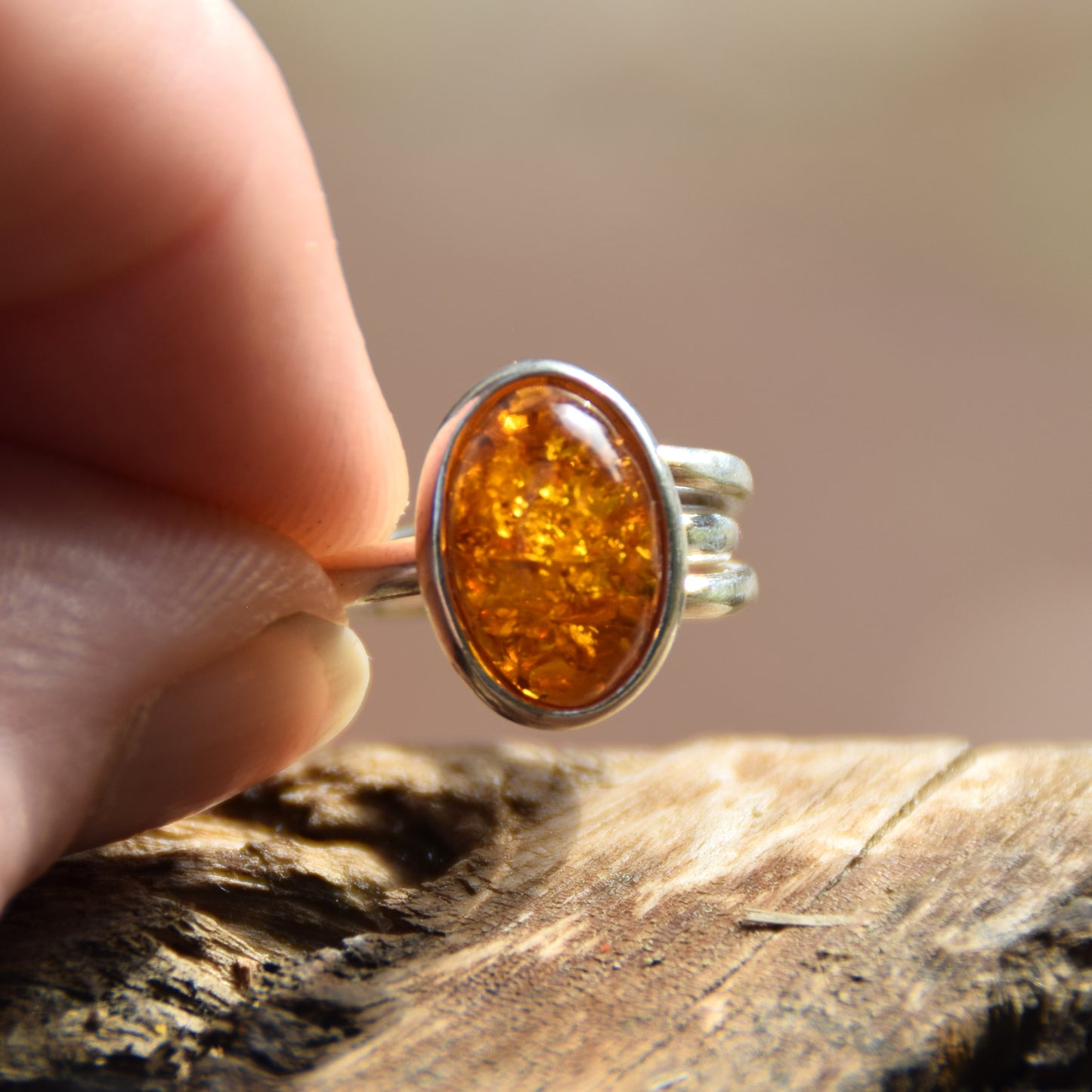 Adjustable minimalist ring with natural cognac amber and 925 Silver, MJ Baltica, BP026
