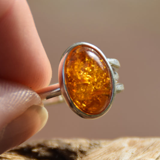 Adjustable minimalist ring with natural cognac amber and 925 Silver, MJ Baltica, BP026