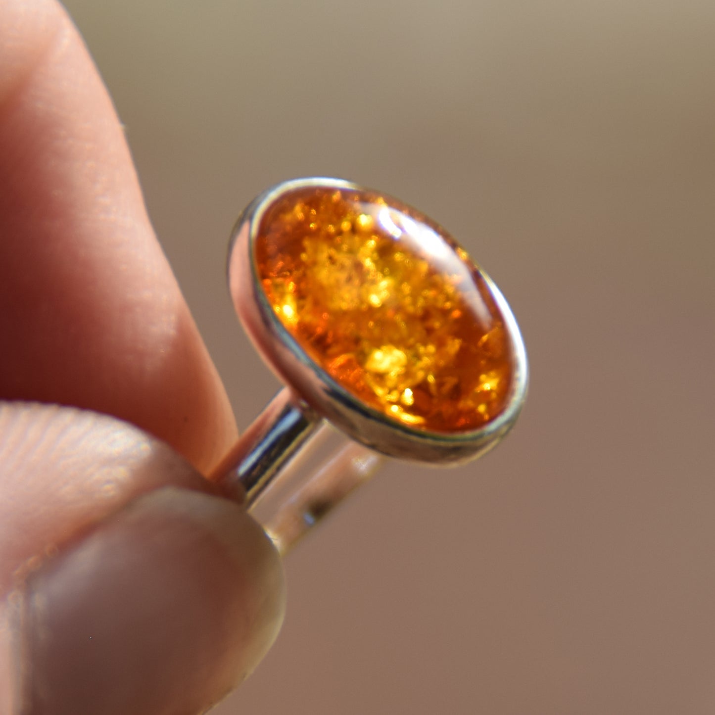 Adjustable minimalist ring with natural cognac amber and 925 Silver, MJ Baltica, BP026