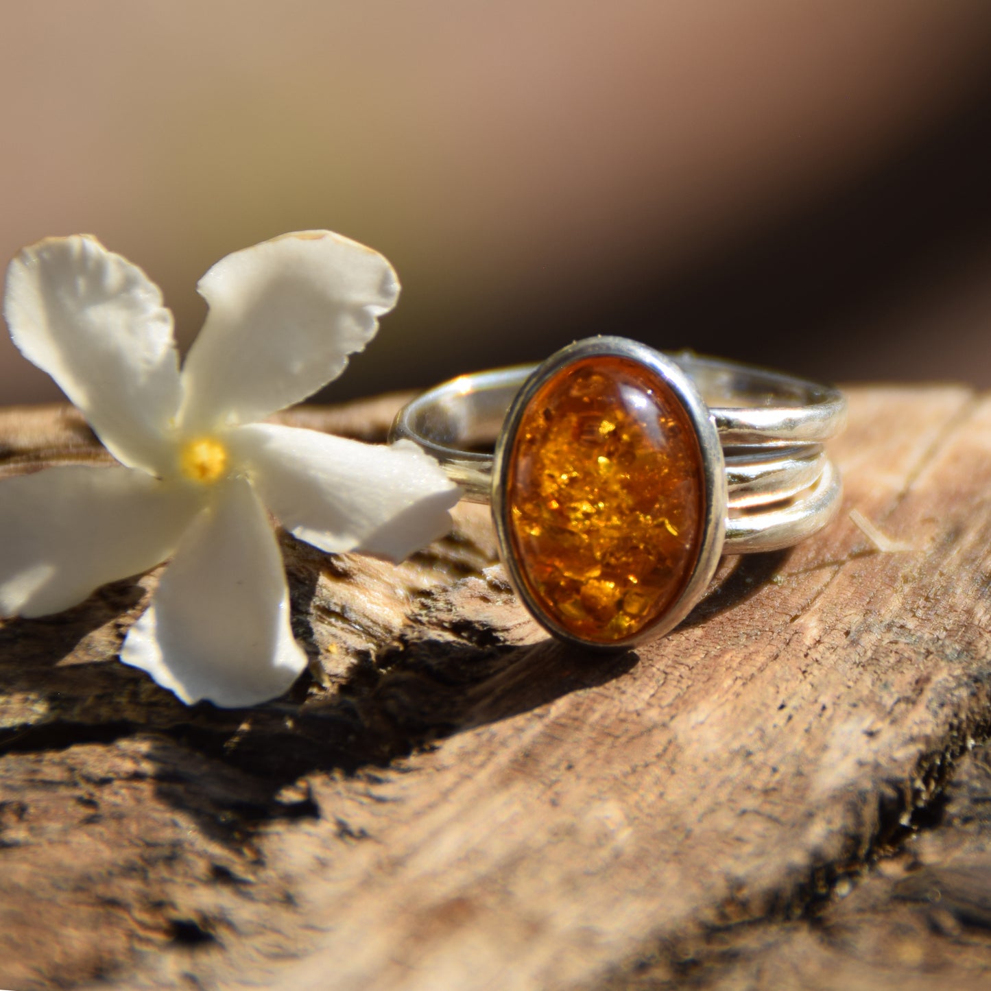 Adjustable minimalist ring with natural cognac amber and 925 Silver, MJ Baltica, BP026
