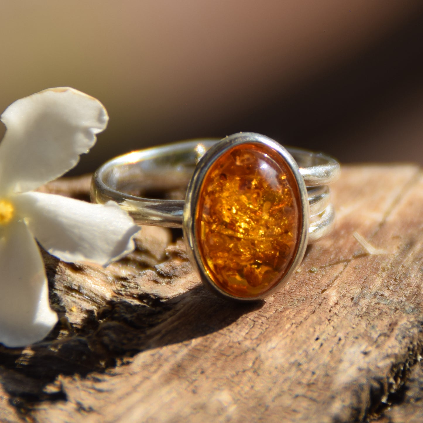 Adjustable minimalist ring with natural cognac amber and 925 Silver, MJ Baltica, BP026