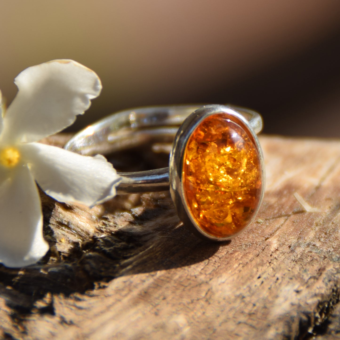 Adjustable minimalist ring with natural cognac amber and 925 Silver, MJ Baltica, BP026