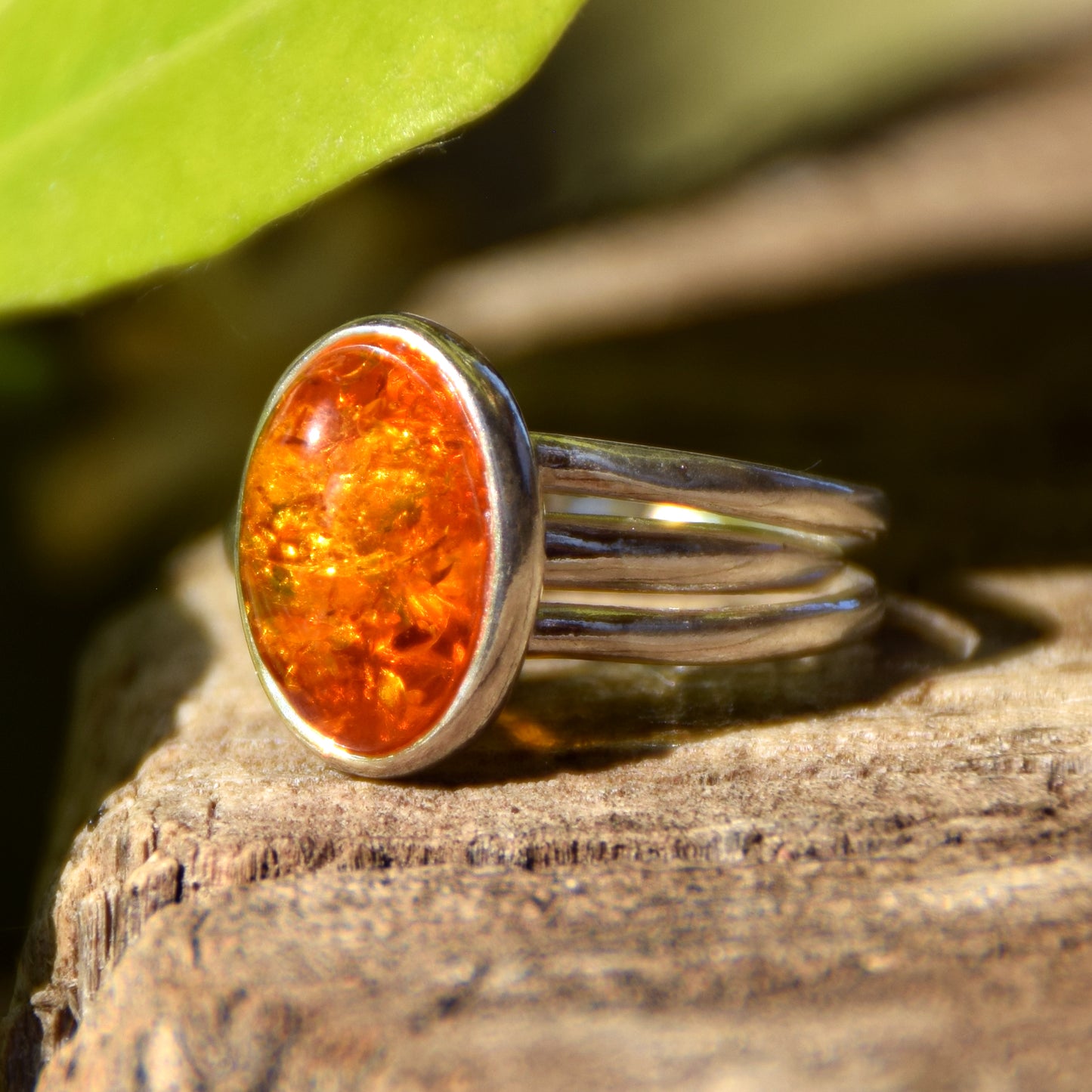 Adjustable minimalist ring with natural cognac amber and 925 Silver, MJ Baltica, BP026