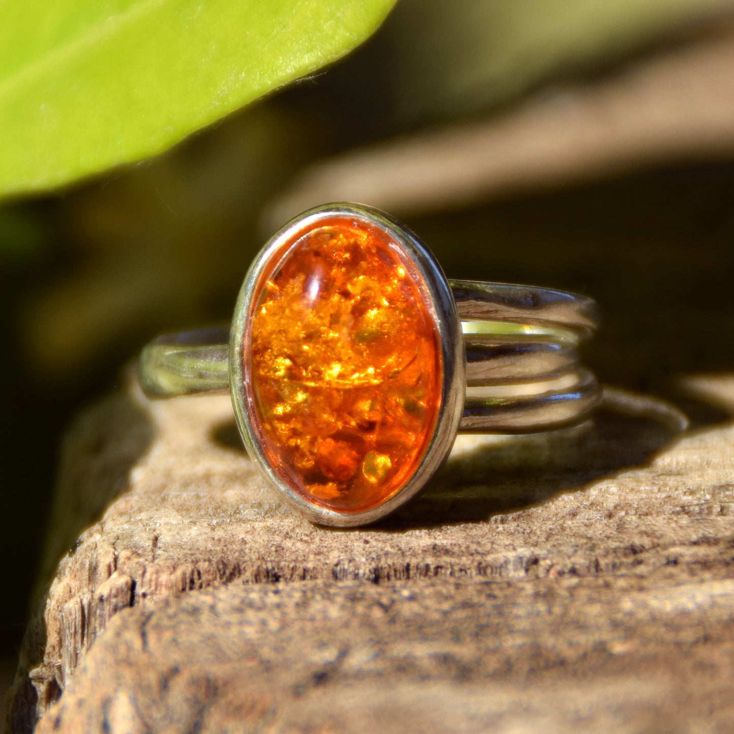Adjustable minimalist ring with natural cognac amber and 925 Silver, MJ Baltica, BP026