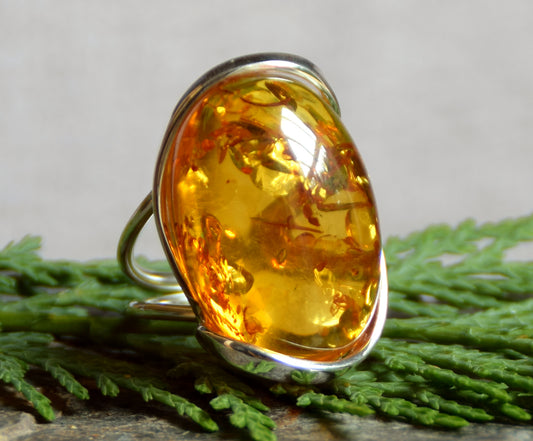 MJ Baltica, ring, natural Baltic amber, 925 silver, cognac, modern, large, unique, BP037