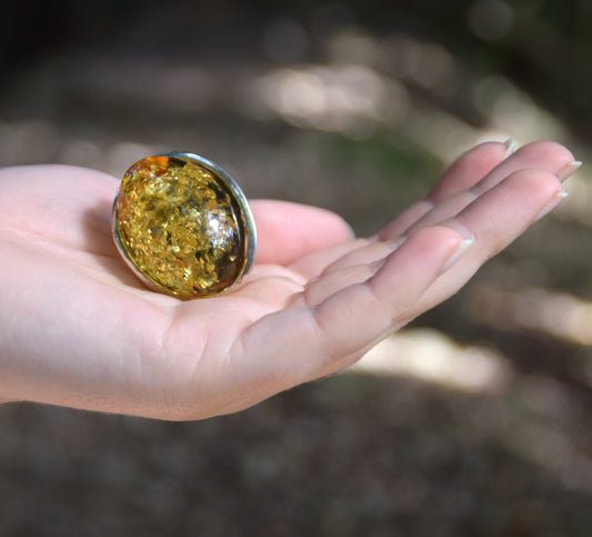 MJ Baltica, ring, natural Baltic Amber, 925 Silver, large, Green Amber, adjustable and unique BP038