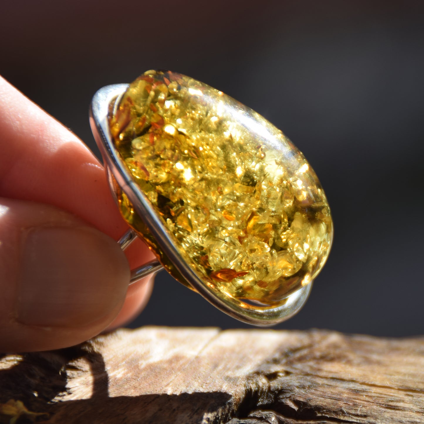 Luminous adjustable ring with large natural green Amber gemstone and 925 Silver, MJ Baltica, BP038