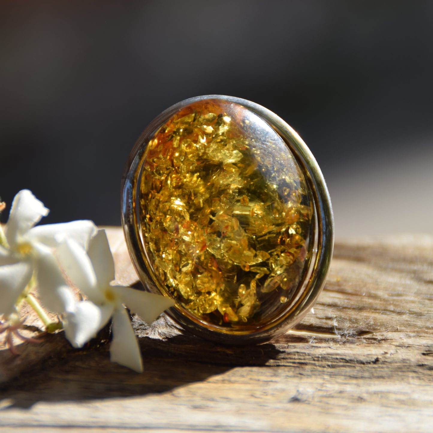 Luminous adjustable ring with large natural green Amber gemstone and 925 Silver, MJ Baltica, BP038