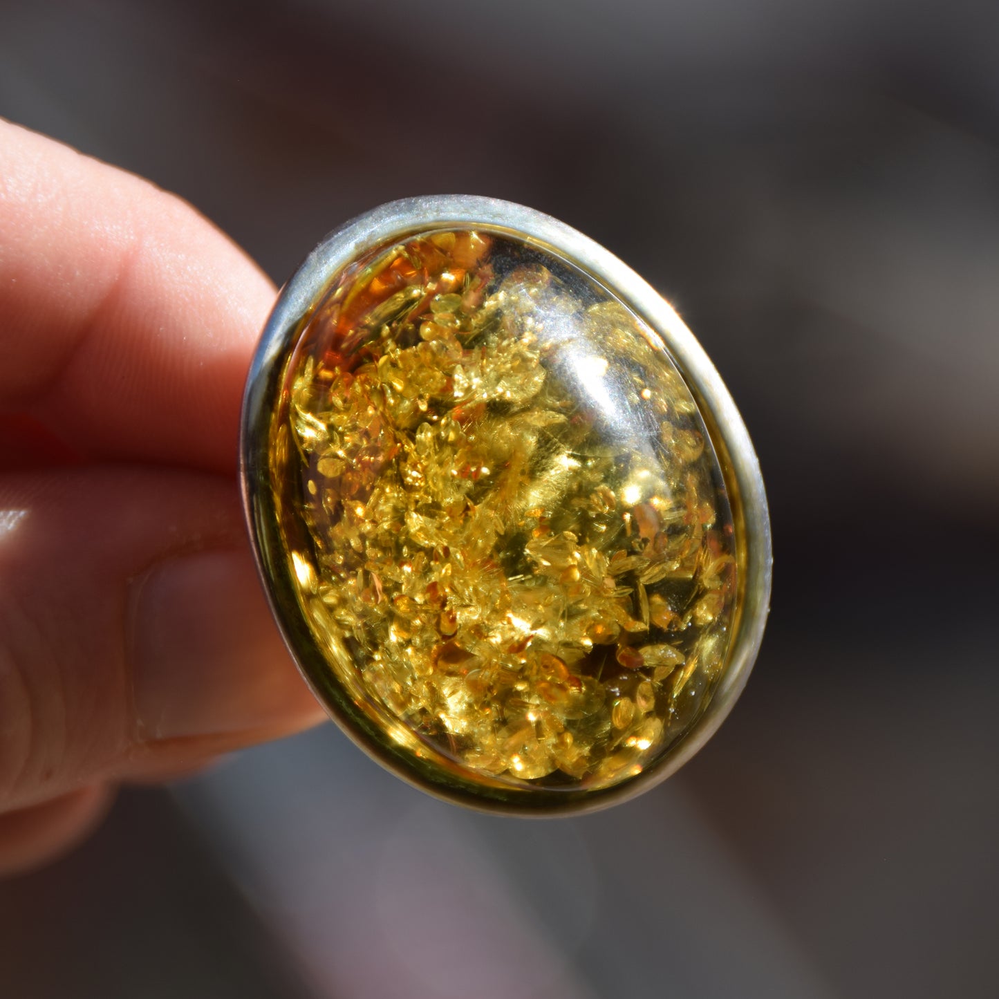 Luminous adjustable ring with large natural green Amber gemstone and 925 Silver, MJ Baltica, BP038