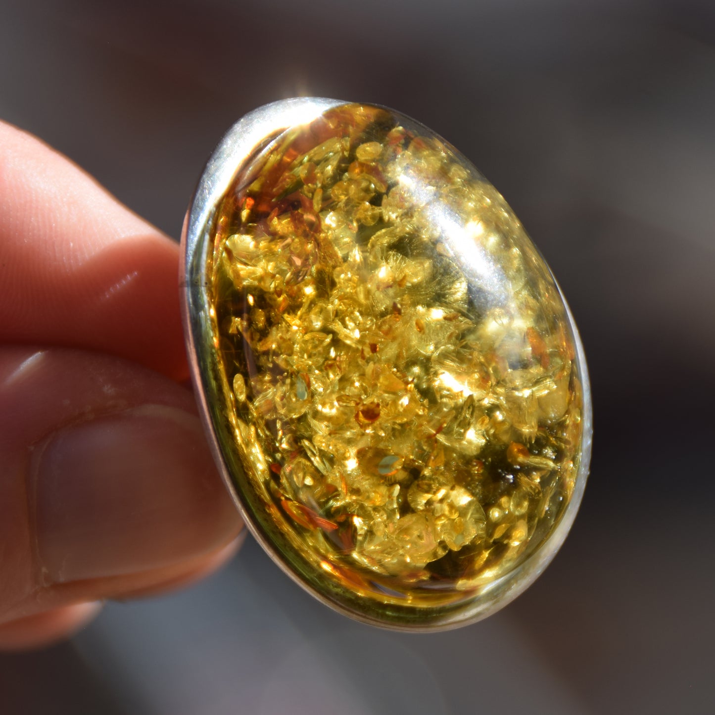 Luminous adjustable ring with large natural green Amber gemstone and 925 Silver, MJ Baltica, BP038