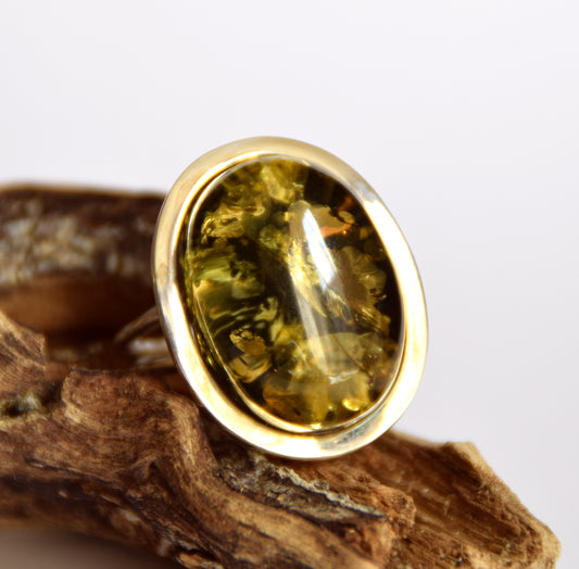 MJ Baltica, anello, Ambra naturale Baltica, Argento 925, grande, ambra verde, regolabile e unico BP042