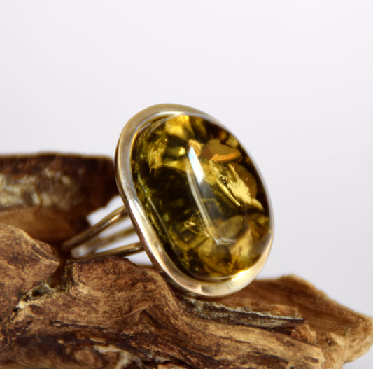 MJ Baltica, ring, natural Baltic amber, 925 silver, large, green amber, adjustable and unique BP042