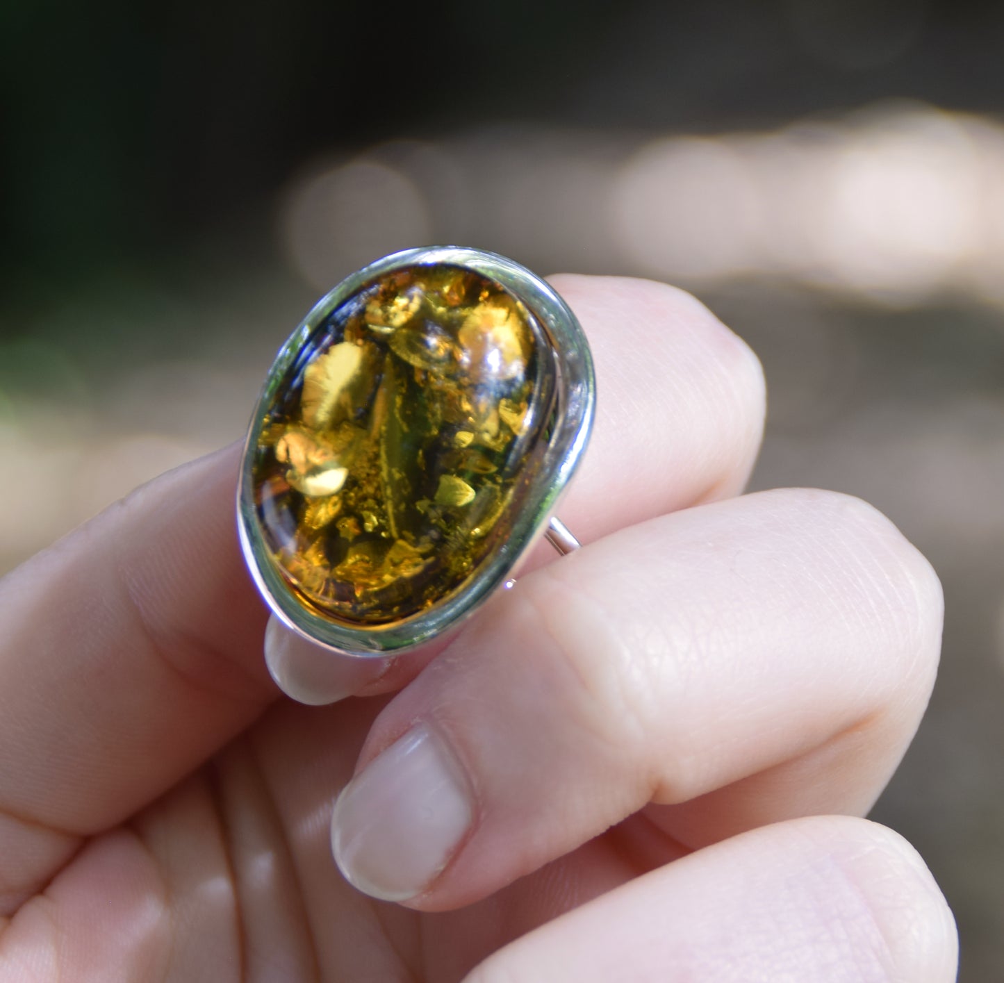 MJ Baltica, ring, natural Baltic amber, 925 silver, large, green amber, adjustable and unique BP042