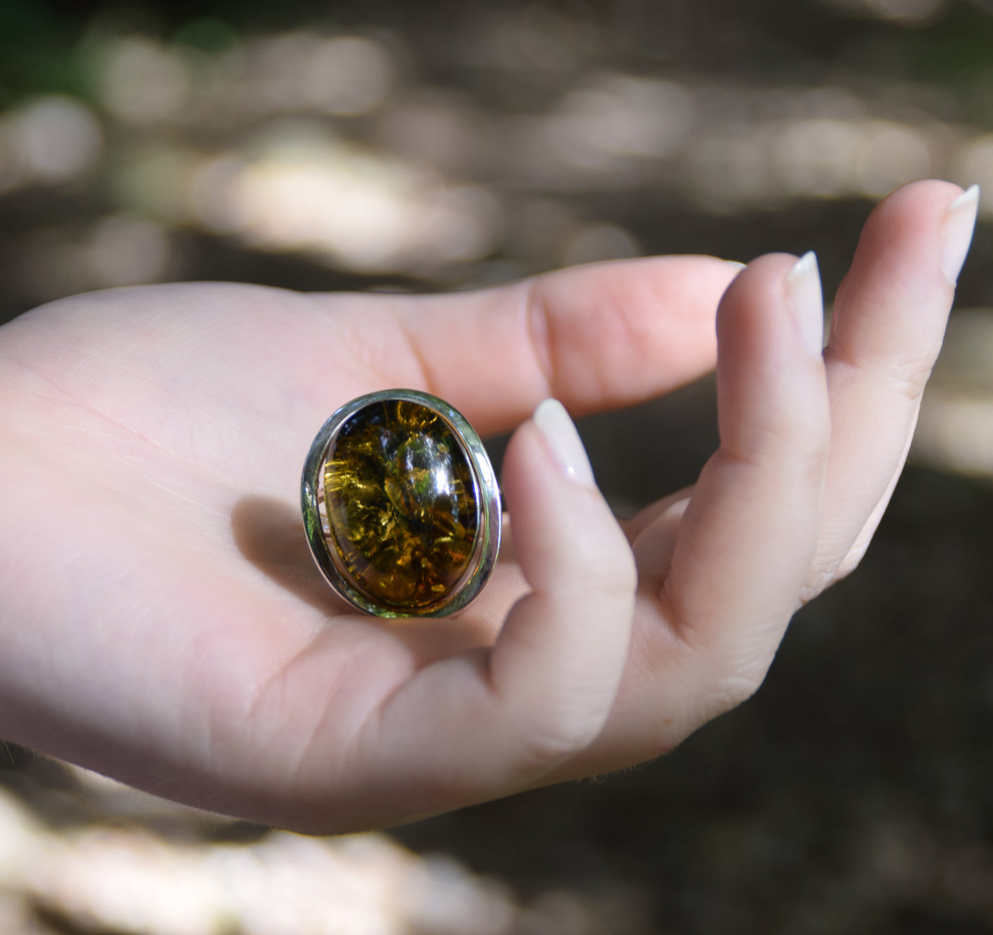 MJ Baltica, ring, natural Baltic amber, 925 silver, large, green amber, adjustable and unique BP042